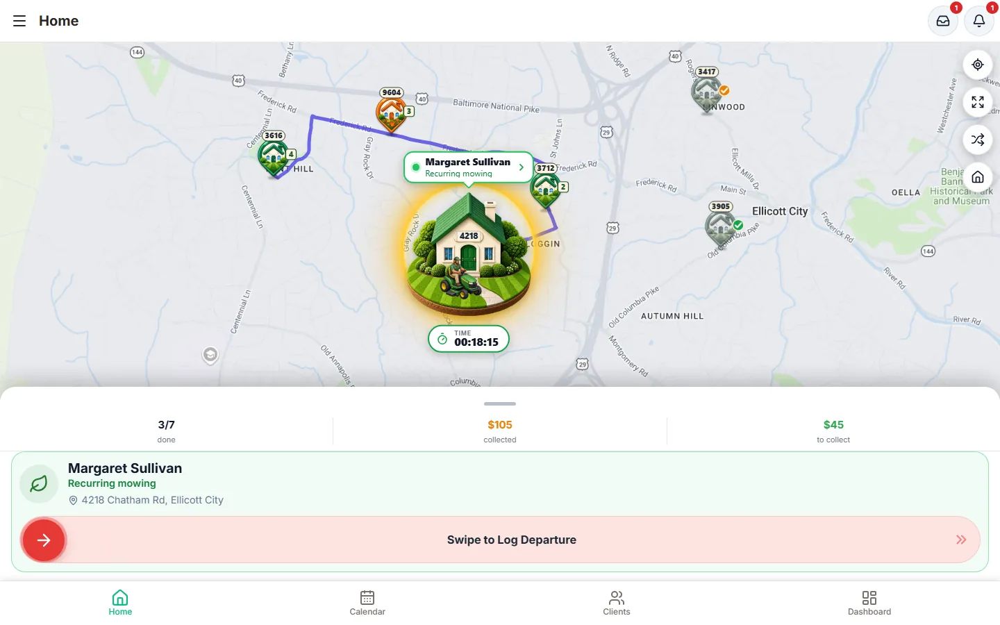 LawnTrail on a computer: today’s route on the map, with Margaret Sullivan’s job in progress, the timer and the swipe control to log departure