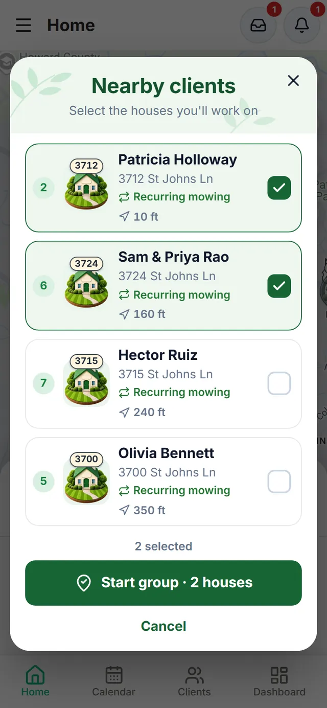 Nearby clients: four houses on the route on the same street, with number, stop, service and distance; two selected and the “Start group · 2 houses” button