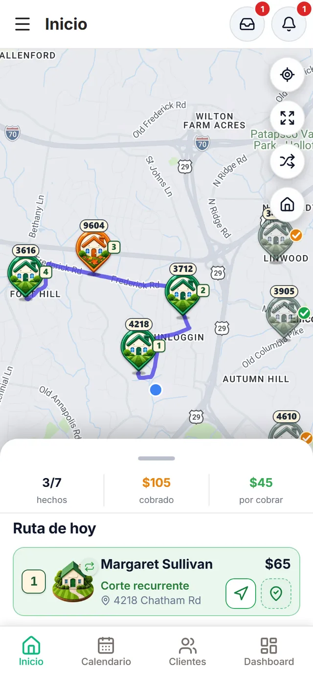 Inicio: el mapa con la ruta del día; casitas pendientes con su número de parada en un cuadrito y casitas terminadas apagadas con check verde o naranja
