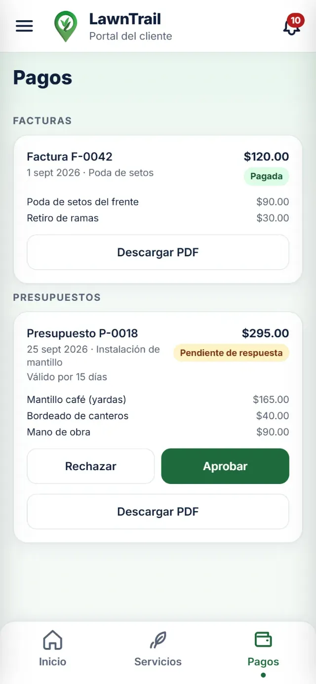 Portal del cliente, sección Pagos: la factura F-0042 de $120.00, pagada, y el presupuesto P-0018 de $295.00, pendiente de respuesta, con sus conceptos y los botones «Rechazar», «Aprobar» y «Descargar PDF»
