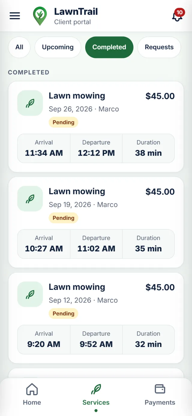 Client portal, Services → Completed: each lawn mowing with its date, the worker, the amount, and the arrival, departure and duration